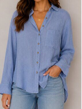 Free People Blue Gauze Button Down Shirt Oversized Tunic Top XS